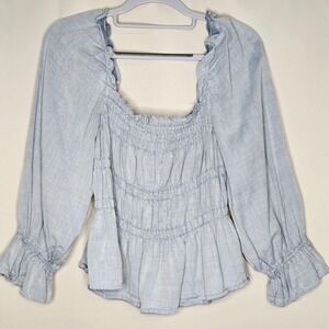 Who What Wear Chambray Smocked Peplum Top Square Neck Long Sleeve Size S